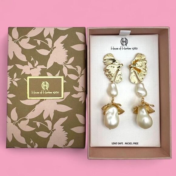 House of Harlow 1960 Jewelry - Gold Tone Leaf Faux Pearl Dangle Drop Earrings
